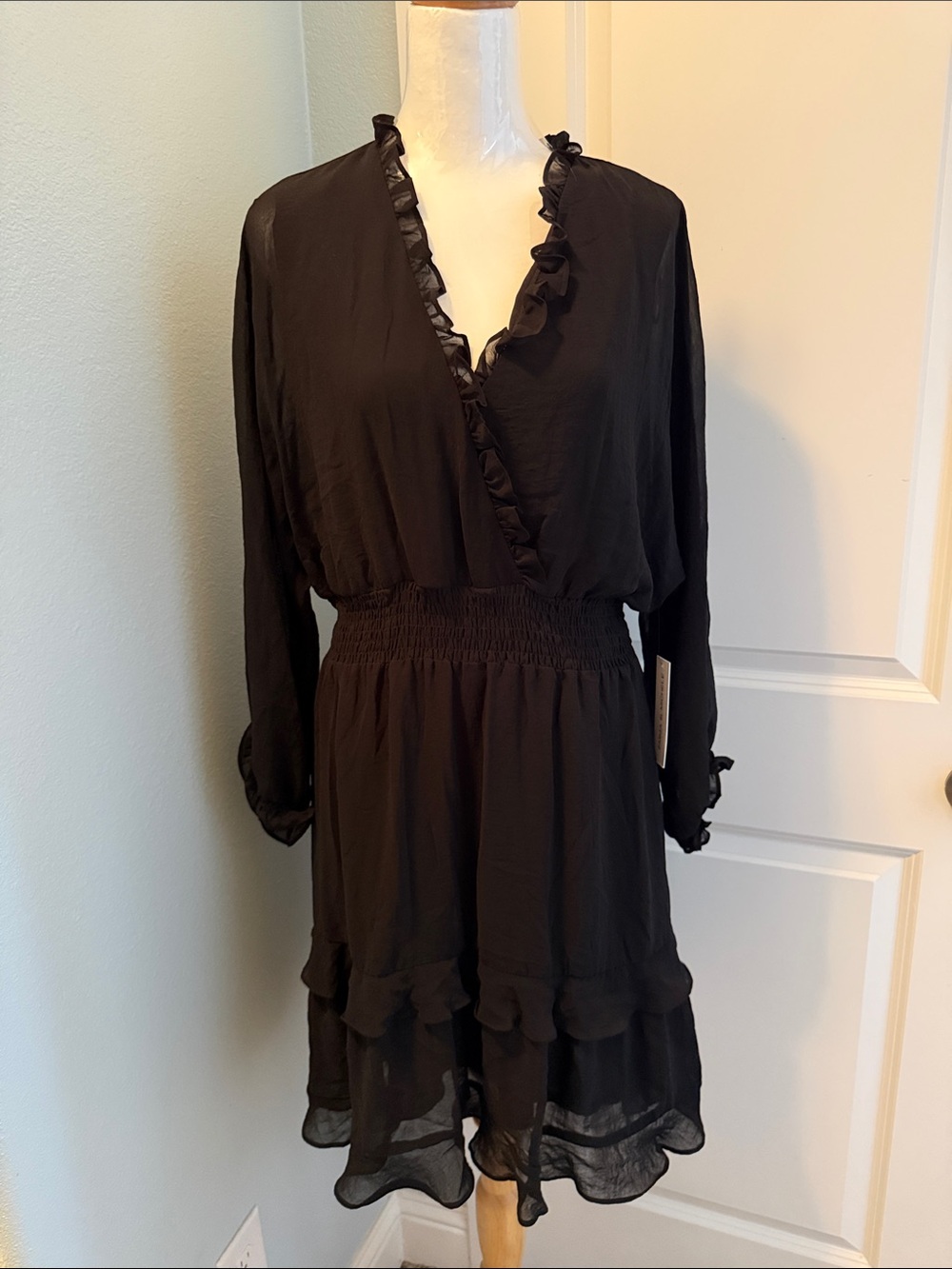 Emma & Michele Black Ruffle V-Neck Dress